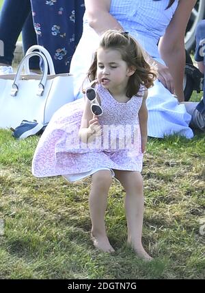 La principessa Charlotte guarda come il principe William Duke di Cambridge gioca a Polo al Gloucestershire Festival di Polo, il Beaufort Club, . Il credito fotografico dovrebbe essere: Doug Peters/EMPICS Foto Stock