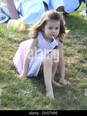 La principessa Charlotte guarda come il principe William Duke di Cambridge gioca a Polo al Gloucestershire Festival di Polo, il Beaufort Club, . Il credito fotografico dovrebbe essere: Doug Peters/EMPICS Foto Stock