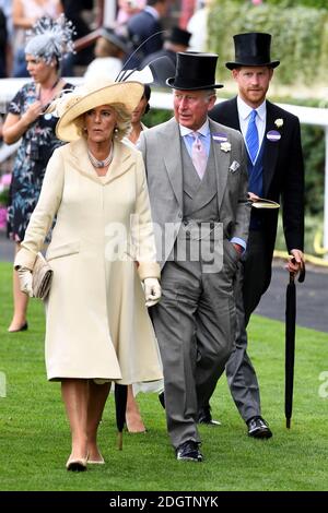 La Duchessa di Cornovaglia, il Principe di Galles e il Duca di Sussex durante il giorno uno di Ascot reale all'Ippodromo di Ascot Foto Stock