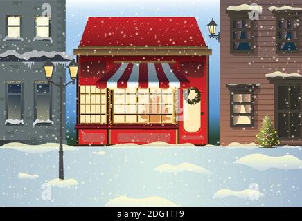 illustrazione della strada invernale della città con luci soffuse di strada nella notte in autunno neve con negozio di natale rosso. Illustrazione Vettoriale