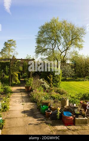 Un percorso giardino fiancheggiato da piante perenni miste e di piccole dimensioni Pentole in un giardino rurale inglese Foto Stock