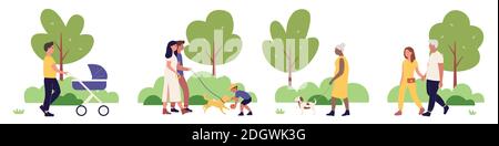 Le persone che camminano nel parco cittadino insieme insieme con il set di illustrazioni vettoriali. Cartoon città estate parco scene raccolta, felice famiglia personaggi camminare e giocare con il cane, padre con passeggino isolato su bianco Illustrazione Vettoriale