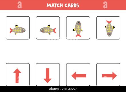 Abbinare le immagini con le frecce di orientamento. Pesce a raggi X cartoni animati. Sinistra o destra, su o giù. Illustrazione Vettoriale