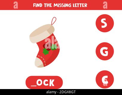 Trova la lettera mancante con carino calza di Natale. Gioco educativo di ortografia. Illustrazione Vettoriale