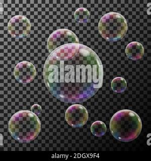 Gruppo di bolle di sapone colorate e trasparenti su sfondo scuro. Illustrazione vettoriale. Illustrazione Vettoriale