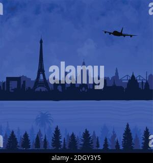 silhouette città skyline di parigi con modello di design con icona del logo blu nuvola. Illustrazione Vettoriale