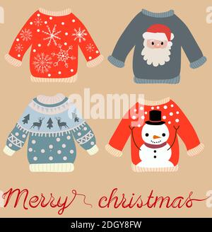 Modello a tema natalizio di pullover con Babbo Natale, pupazzo di neve, fiocchi di neve e alci. Illustrazione vettoriale Illustrazione Vettoriale