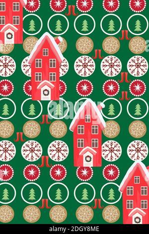 Modello a tema natalizio composto da case, pini, biscotti, fiocchi di neve e stivali. Vettore Illustrazione Vettoriale