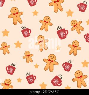 Motivo a tema natalizio composto da uomini di pan di zenzero, tazze e stelle al cioccolato caldo. Vettore Illustrazione Vettoriale