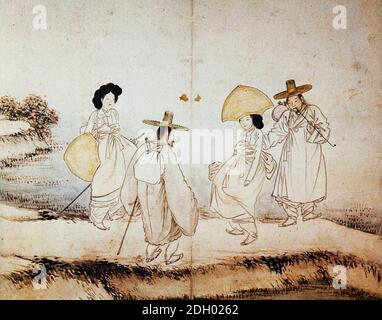 HEWON, SHIN YUN BOK, KANSONG MUSEUM, COREANA CUSTOM PICTURE 11, UN INCONTRO SULLA STRADA, 노중상봉, 혜원, 신윤복, 혜원전신첩, 풍속화첩 Foto Stock