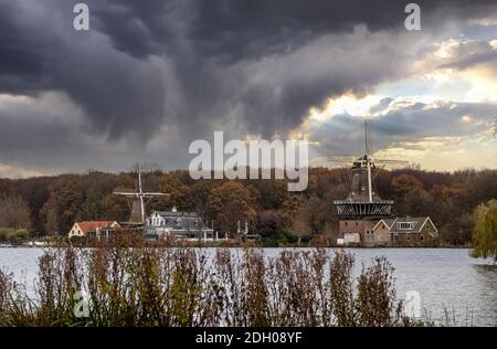 un laghetto nel parco di rotterdam con due mulini a vento olandesi come sfondo Foto Stock