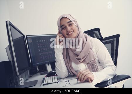 Professionista creativo arabo che lavora in ufficio a casa su un computer desktop Foto Stock