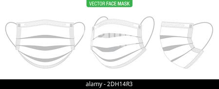 Maschera chirurgica per il viso, illustrazione vettoriale del contorno. Set di maschere mediche bianche piatte, con vari angoli di visualizzazione, isolate su bianco. Maschera di protezione antivirus nelle viste frontale, laterale e di tre quarti. Illustrazione Vettoriale