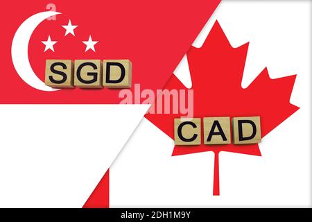 I codici delle valute di Singapore e del Canada sulla base delle bandiere nazionali. Concetto di trasferimento di denaro internazionale Foto Stock