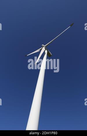 Vista ad angolo basso su un mulino a vento elettrico bianco contro un cielo blu chiaro Foto Stock