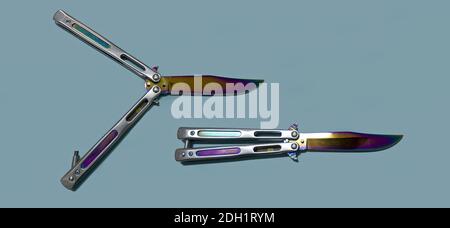 Coltello tipo balisong o farfalla o ventilatore su sfondo blu, armi vietate Foto Stock