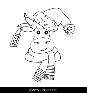 Simbolo dell'anno. toro carino in un cappello di Natale. Disegno del contorno. Vettore Illustrazione Vettoriale