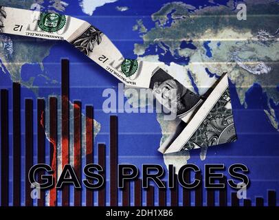 Tabella e mappa dei prezzi del gas in calo Foto Stock