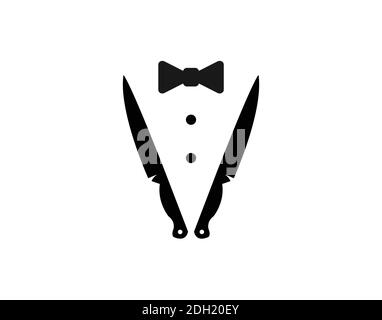 Bow Tie, Tuxedo, Knifes, Spoon Fork Restaurant Dinner logo ispirazione di design Illustrazione Vettoriale