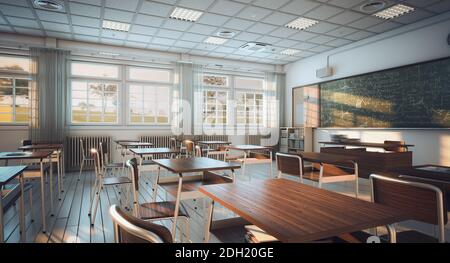 interno di un'aula scolastica, pavimento in legno e scrivanie. concetto di istruzione e apprendimento. rendering 3d Foto Stock