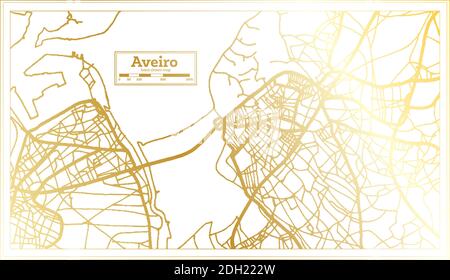 Aveiro Portugal Mappa della città in stile retro in colore dorato. Mappa di contorno. Illustrazione vettoriale. Illustrazione Vettoriale