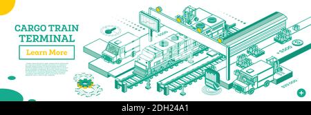 Terminal dei treni Outline Cargo. Locomotiva con Boxcar. Stazione ferroviaria isometrica. Illustrazione vettoriale. Stile Line Art. Concetto di trasporto ferroviario Illustrazione Vettoriale