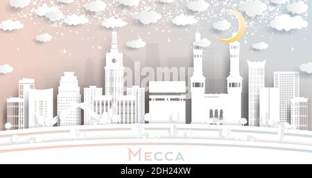 Mecca Saudi Arabia skyline della città in stile taglio di carta con fiocchi di neve e Luna. Illustrazione vettoriale. Illustrazione Vettoriale