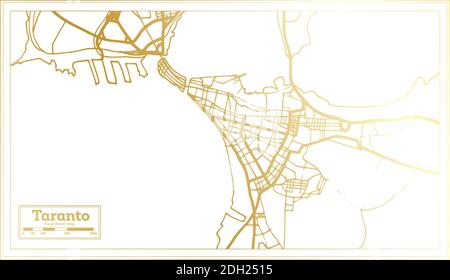 Taranto Mappa della Città in stile retro in colore dorato. Mappa di contorno. Illustrazione vettoriale. Illustrazione Vettoriale