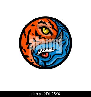 Dragon e Tiger Eye all'interno di Yin Yang Symbol Mascot Foto Stock