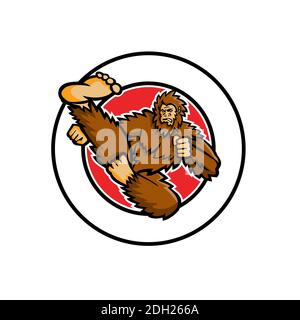 Taekwondo Bigfoot Flying Kick Circle Mascot Foto Stock