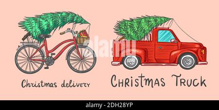 Auto e bicicletta con un albero di Natale. Abete rosso nel bagaglio del carrello. Concetto di consegna. Illustrazione vettoriale per etichetta, badge, logo, cartolina o. Illustrazione Vettoriale