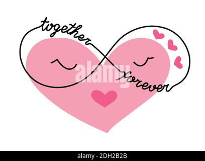 Carino cuore cartoon con simbolo infinito. L'icona di amore rosa per San Valentino. Un disegno di linea continua di cuore carino in bicchieri con lettere Illustrazione Vettoriale