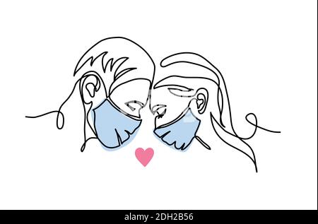 Amore con la maschera. Nel bacio della coppia d'amore. Sfondo vettoriale, schizzo, illustrazione, doodle, banner. Un disegno di linea continua di amanti in maschere Illustrazione Vettoriale