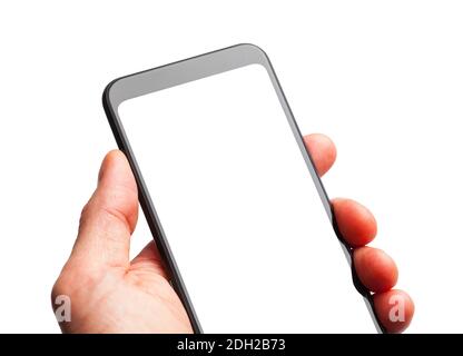 Smartphone con supporto manuale e spazio per la copia tagliato su bianco. Foto Stock