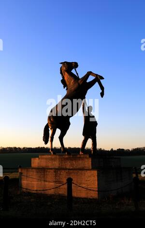 Alba sulla statua di Newmarket Stallion di Marcia Astor e Allan Sly, all'ippodromo di Newmarket, Suffolk, Inghilterra, Regno Unito Foto Stock