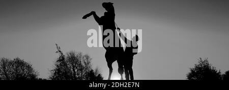 Alba sulla statua di Newmarket Stallion di Marcia Astor e Allan Sly, all'ippodromo di Newmarket, Suffolk, Inghilterra, Regno Unito Foto Stock