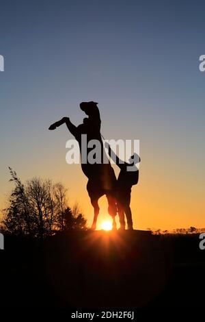 Alba sulla statua di Newmarket Stallion di Marcia Astor e Allan Sly, all'ippodromo di Newmarket, Suffolk, Inghilterra, Regno Unito Foto Stock