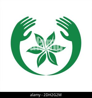 astratto due mani con foglie salvare natura icona vettore logo design piatto Illustrazione Vettoriale