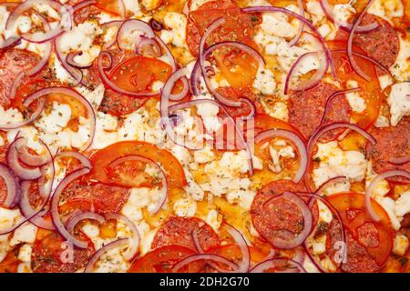 Gustosa pizza rustica. Salsa di firma, mozzarella, peperoni, filetto di pollo, pomodori, cipolla rossa. Primo piano. Volantino pubblicitario e poster per ristoranti. Con spazio di copia per il testo. Foto Stock