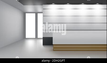 Interno del ricevimento, accogliente atrio con scrivania moderna, illuminazione a lampada sul soffitto e porta di vetro. Hall vuota o area lobby con luce soffusa, arredi contemporanei, illustrazione vettoriale 3d realistica Illustrazione Vettoriale