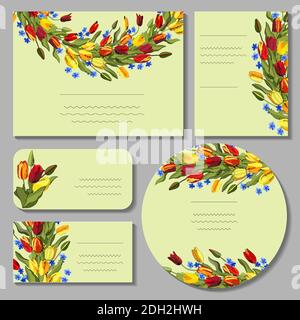 Motivi floreali con tulipani colorati. Per design romantico e pasquale, annunci, biglietti d'auguri, poster, pubblicità. Illustrazione Vettoriale