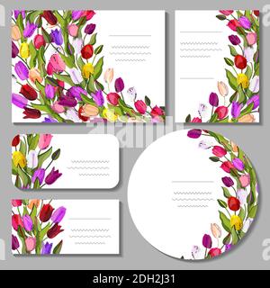 Motivi floreali con tulipani colorati. Per design romantico e pasquale, annunci, biglietti d'auguri, poster, pubblicità. Illustrazione Vettoriale