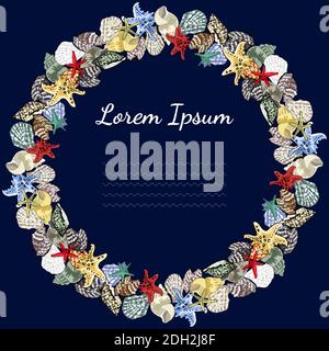 Cornice rotonda con conchiglie isolate su blu scuro. Ottima stampa per biglietti d'auguri, abiti, tessuti, confezioni regalo. Illustrazione Vettoriale