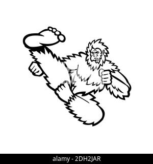 Taekwondo Bigfoot Flying Kick Mascot Bianco e nero Foto Stock