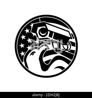 American Eagle and Security Camera USA Flag Circle Black and Bianco Foto Stock