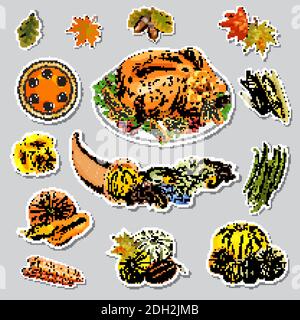 Serie autunnale di adesivi con simboli di ringraziamento, cornucopia, tacchino, frutta, zucche, fiori, mais, fagioli verdi, carote, foglie. Illustrazione Vettoriale