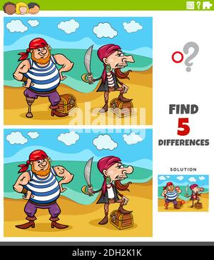 Illustrazione cartoon di trovare le differenze tra le immagini gioco educativo per i bambini con i pirati e il loro tesoro Illustrazione Vettoriale