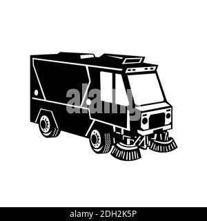 Street Cleaner Truck Vista laterale retro in bianco e nero Foto Stock