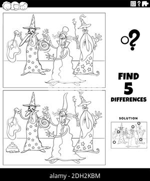 Cartoni animati in bianco e nero illustrazione di trovare le differenze tra immagini gioco educativo per bambini con tre personaggi fantasy maghi c Illustrazione Vettoriale
