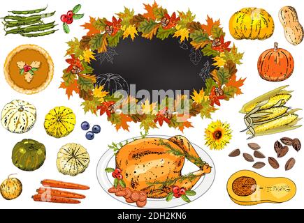 Serie autunnale di elementi con simboli di ringraziamento, cornucopia, tacchino, frutta, zucche, fiori, mais, fagioli verdi, carote, foglie. Illustrazione Vettoriale